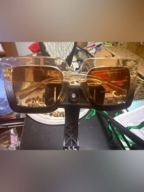 Chunky Clear and Black Frame Sunglasses with Ambergrey Lenses